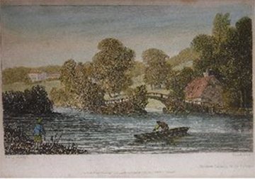 Pearlware saucer printed underglaze in blue. Design based on print entitled “Nuneham Courtenay, Bridge and Cottage”  by S. Owen and published in 1811. Continuous repeating floral border of wild roses. This pattern was used by most major and many minor potteries in the second quarter of the nineteenth century (Coysh and Henrywood 1982, 1989). This design, although based on a print of an actual location, is a better fit in the Pastoral category, for its rural location and fishing theme.